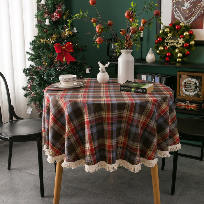 Gerring Christmas Coffee Table Cover Yarn Dyed Plaid Holiday Wedding Deco Tablecloth American Round Tassel Table Cloth For Party