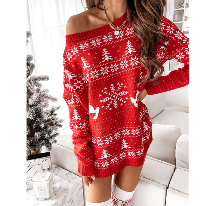 Ladies Christmas Jacquard Loose-fitting Knitted Long-sleeved Dress