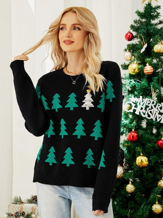 Women's Jacquard Christmas Tree Long Sleeve Red Christmas Sweater