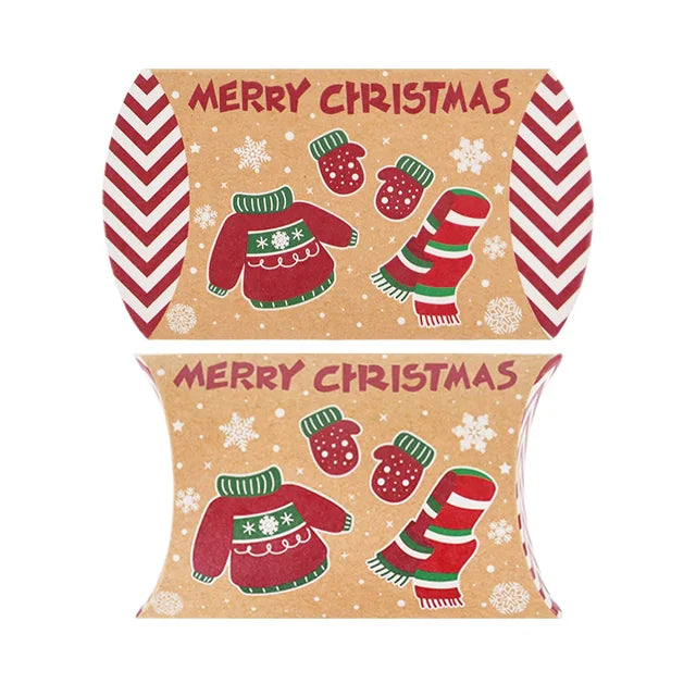 10pcs Christmas Pillow Shape Candy Box Kraft Paper Xmas Cookie Gifts