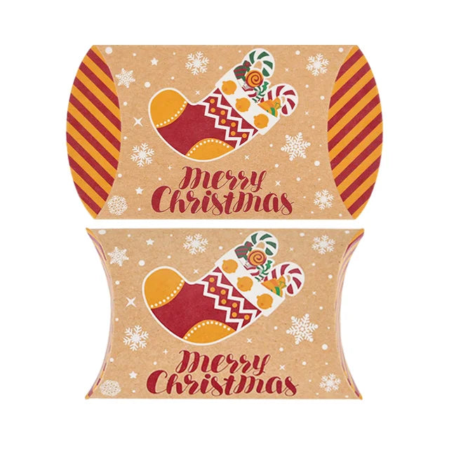 10pcs Christmas Pillow Shape Candy Box Kraft Paper Xmas Cookie Gifts