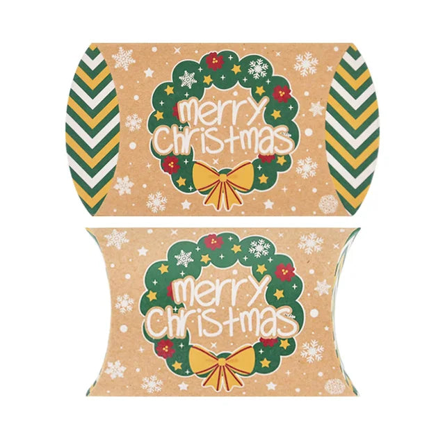 10pcs Christmas Pillow Shape Candy Box Kraft Paper Xmas Cookie Gifts