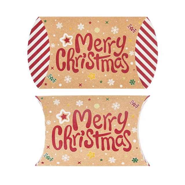 10pcs Christmas Pillow Shape Candy Box Kraft Paper Xmas Cookie Gifts