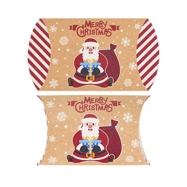 10pcs Christmas Pillow Shape Candy Box Kraft Paper Xmas Cookie Gifts