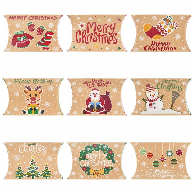 10pcs Christmas Pillow Shape Candy Box Kraft Paper Xmas Cookie Gifts