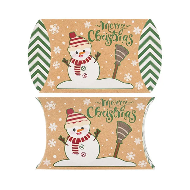 10pcs Christmas Pillow Shape Candy Box Kraft Paper Xmas Cookie Gifts