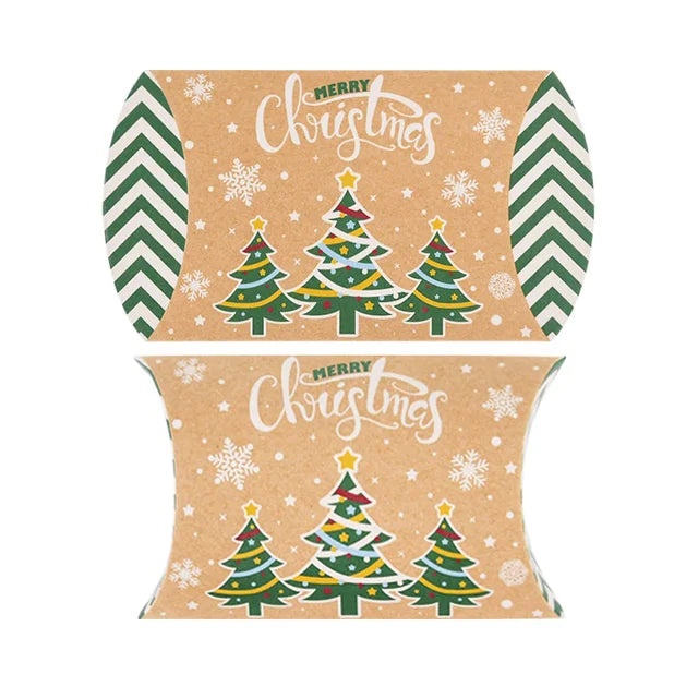 10pcs Christmas Pillow Shape Candy Box Kraft Paper Xmas Cookie Gifts