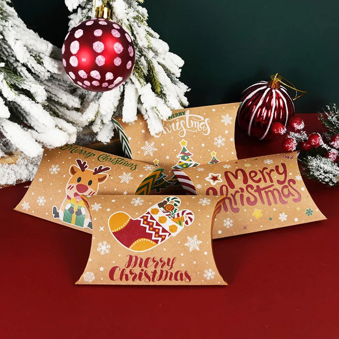 10pcs Christmas Pillow Shape Candy Box Kraft Paper Xmas Cookie Gifts