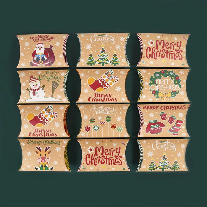 10pcs Christmas Pillow Shape Candy Box Kraft Paper Xmas Cookie Gifts