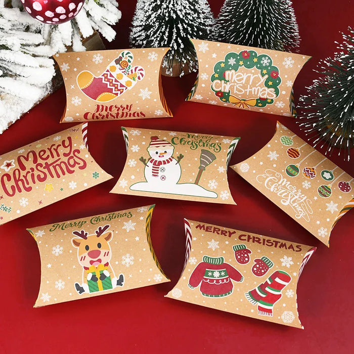 10pcs Christmas Pillow Shape Candy Box Kraft Paper Xmas Cookie Gifts