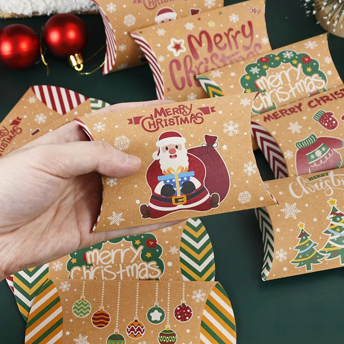 10pcs Christmas Pillow Shape Candy Box Kraft Paper Xmas Cookie Gifts