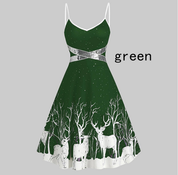 Women's Christmas white deer dress with  A-line tie