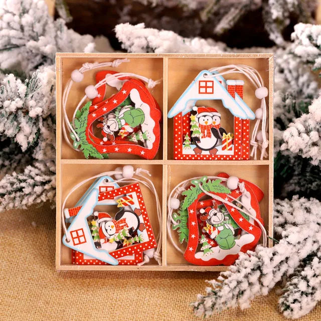 12/9Pcs Christmas Wooden Pendant Snowflake Xmas Tree Hanging Ornaments