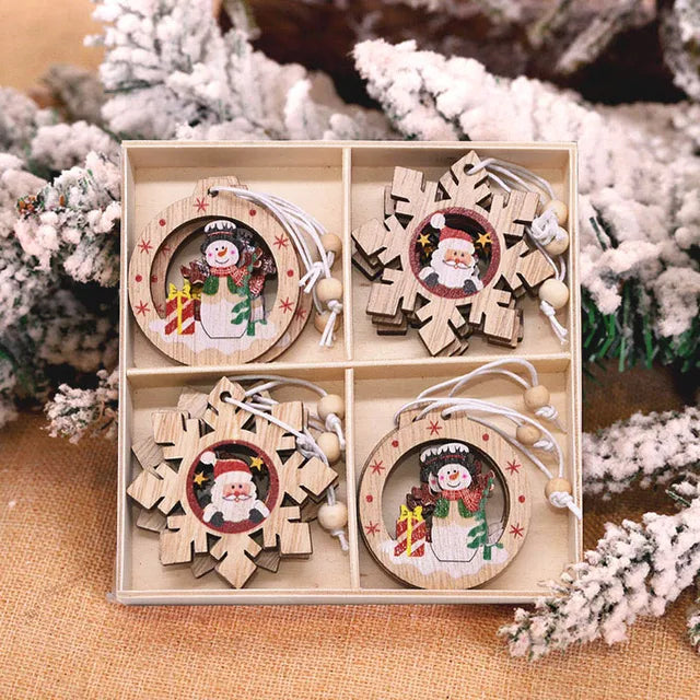 12/9Pcs Christmas Wooden Pendant Snowflake Xmas Tree Hanging Ornaments