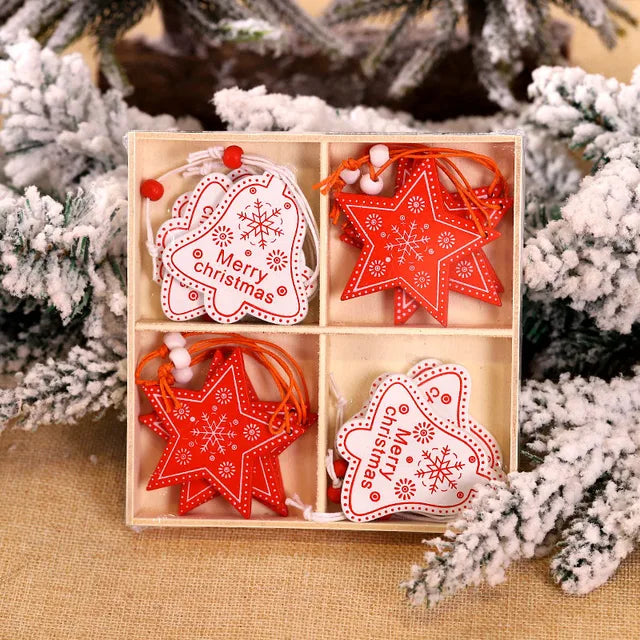 12/9Pcs Christmas Wooden Pendant Snowflake Xmas Tree Hanging Ornaments