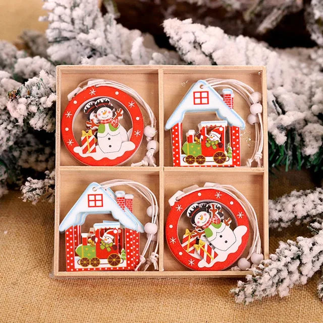 12/9Pcs Christmas Wooden Pendant Snowflake Xmas Tree Hanging Ornaments