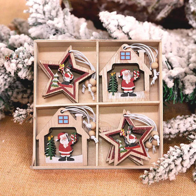 12/9Pcs Christmas Wooden Pendant Snowflake Xmas Tree Hanging Ornaments