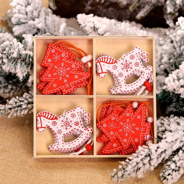 12/9Pcs Christmas Wooden Pendant Snowflake Xmas Tree Hanging Ornaments