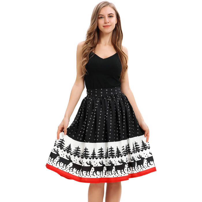 Christmas print knee-length skirt stretch high waist wild Christmas party sexy skirt