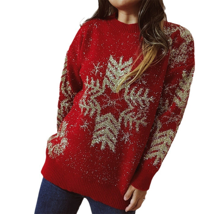 Women's  Loose Gold Line Large Snowflake Christmas Sweater