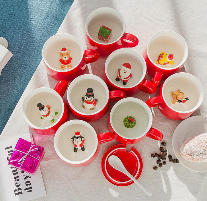 Christmas Mug Coffee Milk Breakfast Mug Snowman Santa Claus Cartoon Ceramics Cup 3D Animal Christmas Gift Cup for Friend Family