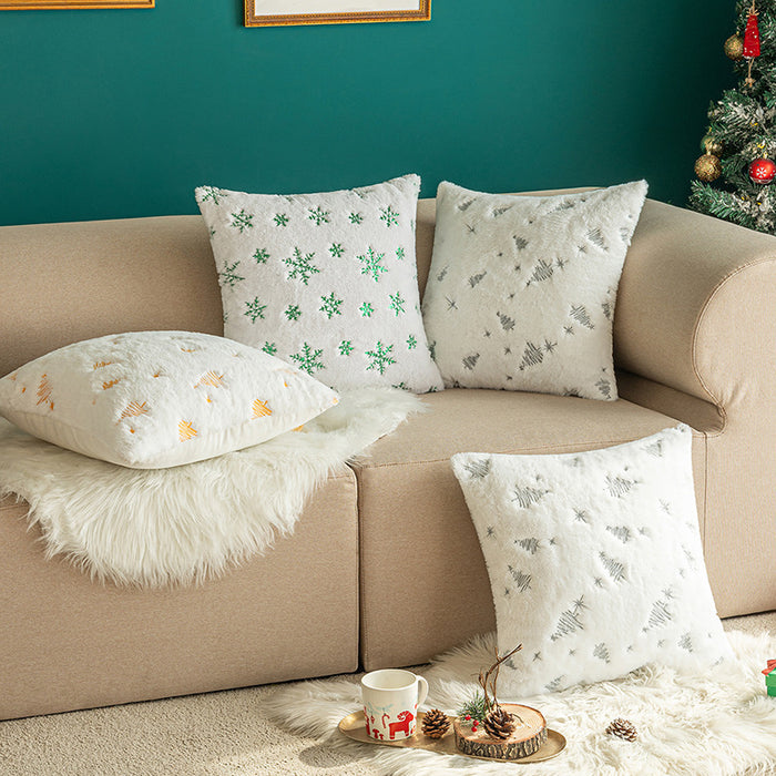 Christmas Tree Embroidery Pillow Cover Plush Snowflake