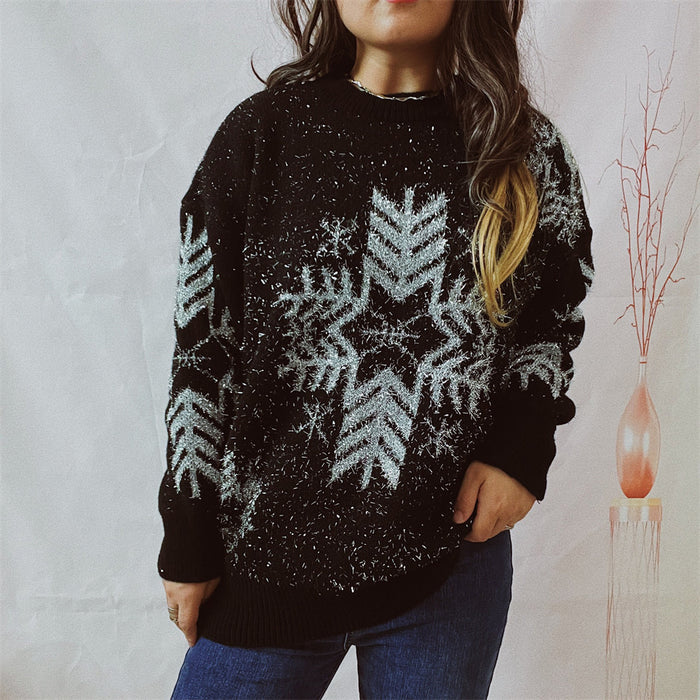 Women's  Loose Gold Line Large Snowflake Christmas Sweater