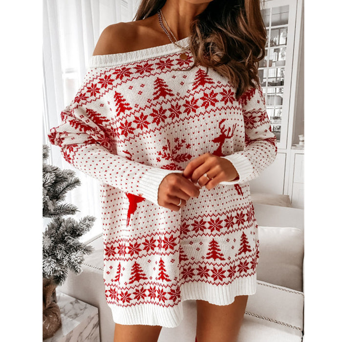 Ladies Christmas Jacquard Loose-fitting Knitted Long-sleeved Dress