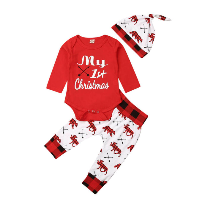 First Christmas Letter Romper Kids T-Shirts Pant Newborn Hat Outfits Girl Xmas Set Autumn Clothing 2PCS Sets