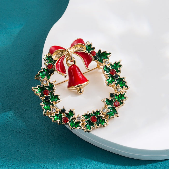 New Christmas brooch, bell, Christmas tree snowman accessory, European and American popular alloy studded diamond drop oil brooch