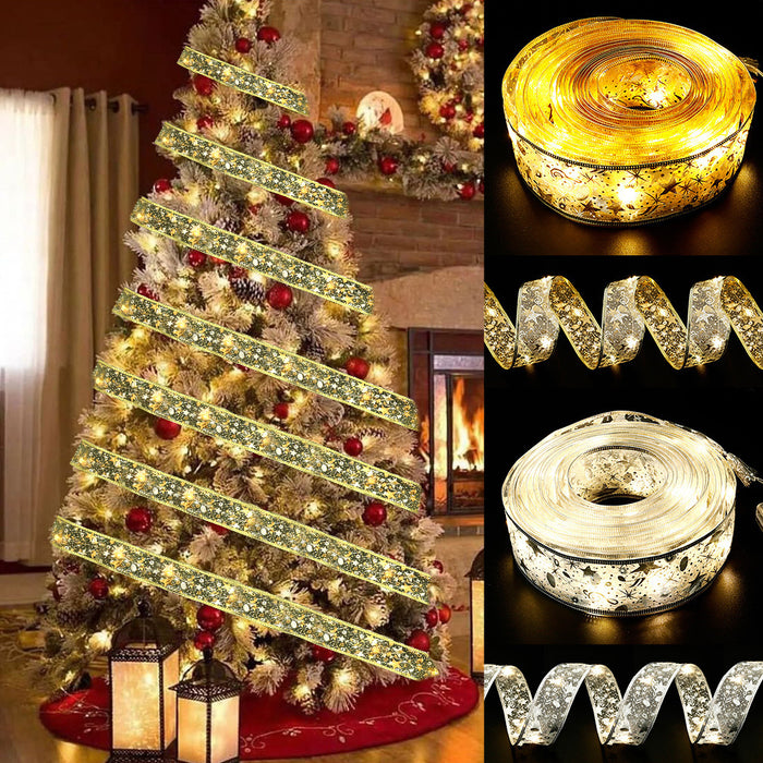 Christmas Ribbon LED String Lights Christmas Tree Decorative Lights Gift Box Decorative Ribbon Flashing Strings Satin Copper Wire Lights