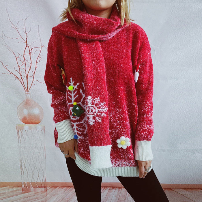 Women's Round Neck Long Sleeve Snowflake  Christmas Sweater