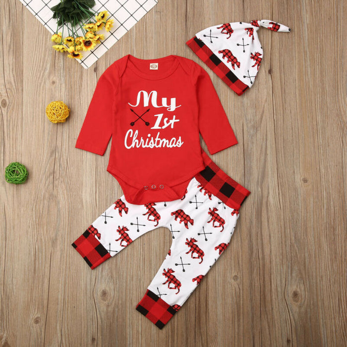 First Christmas Letter Romper Kids T-Shirts Pant Newborn Hat Outfits Girl Xmas Set Autumn Clothing 2PCS Sets