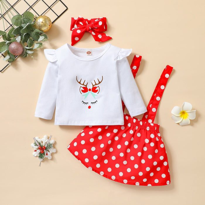 3Pcs Christmas Little Girls Outfit, Creative Elk Printing Long Sleeve Round Collar Tops + Dot/Plaid Suspender Skirt + Headwear