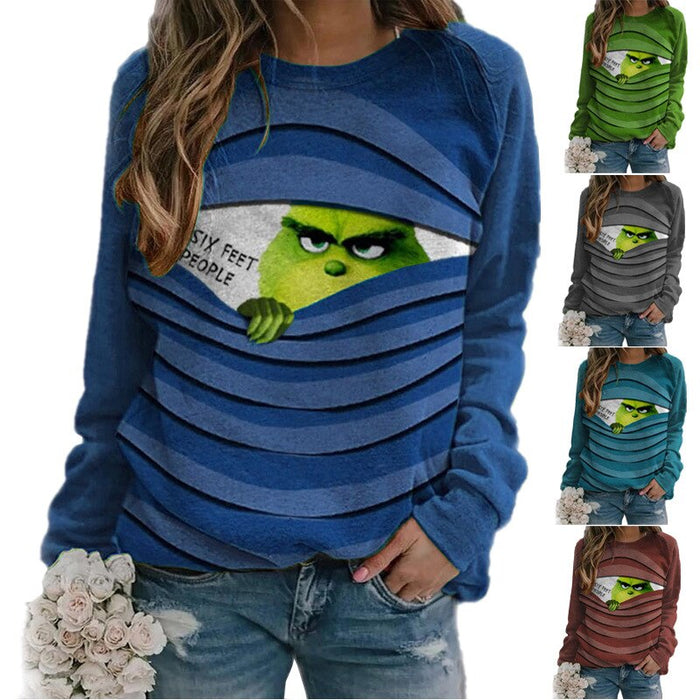 Autumn Women's Funny Movie Green Grinch Print Christmas Long Sleeve T-Shirt Top Casual Loose Pullover Woman Tshirts