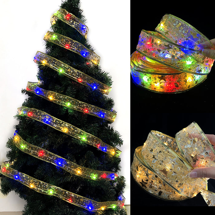 Christmas Ribbon LED String Lights Christmas Tree Decorative Lights Gift Box Decorative Ribbon Flashing Strings Satin Copper Wire Lights