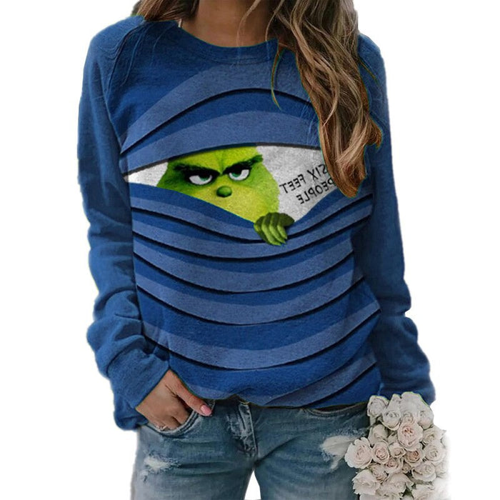 Autumn Women's Funny Movie Green Grinch Print Christmas Long Sleeve T-Shirt Top Casual Loose Pullover Woman Tshirts