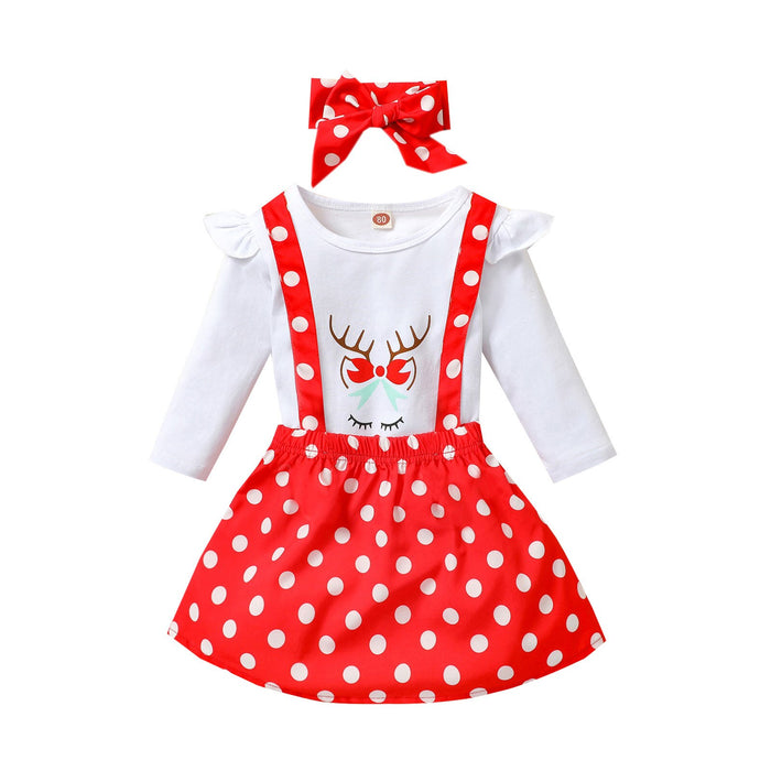 3Pcs Christmas Little Girls Outfit, Creative Elk Printing Long Sleeve Round Collar Tops + Dot/Plaid Suspender Skirt + Headwear