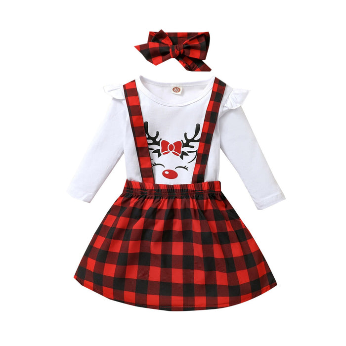 3Pcs Christmas Little Girls Outfit, Creative Elk Printing Long Sleeve Round Collar Tops + Dot/Plaid Suspender Skirt + Headwear