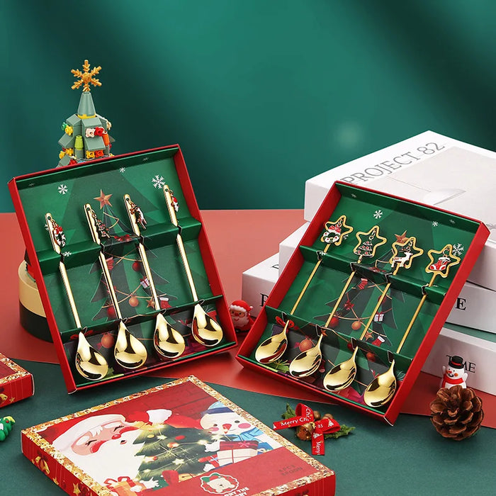 4PCS Christmas Coffee Spoons Set Gold