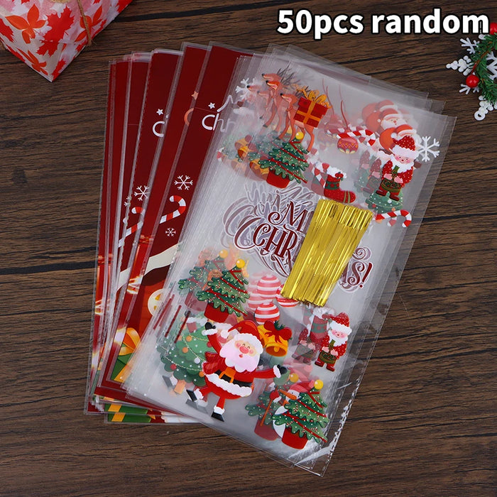 50Pcs Christmas Candy Gift Packaging Bag With Ribbon Ties