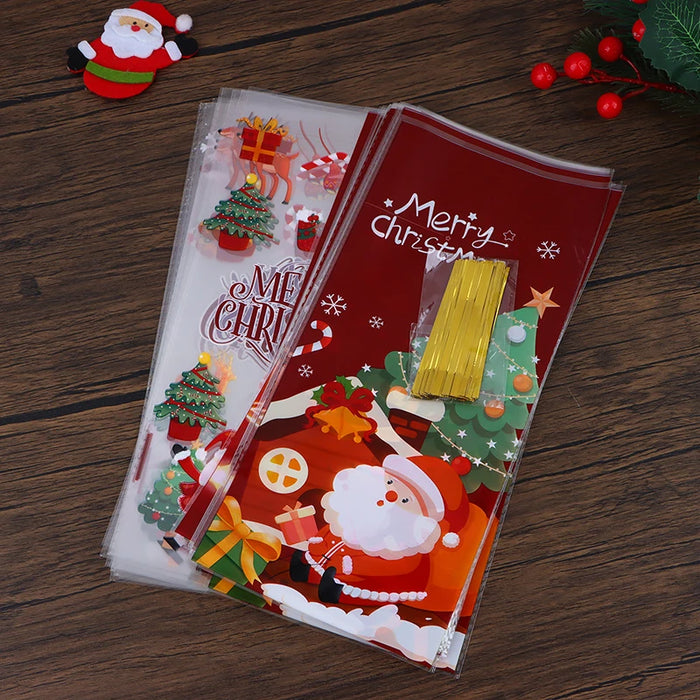 50Pcs Christmas Candy Gift Packaging Bag With Ribbon Ties