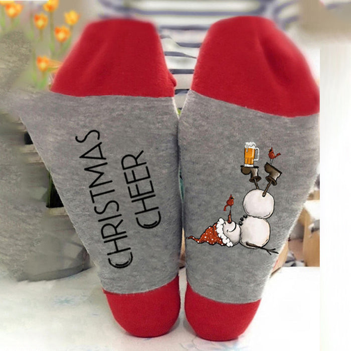 Christmas Sock Color Blocking Sub Letter Medium Tube Sock Trend Snowman Printed Sock