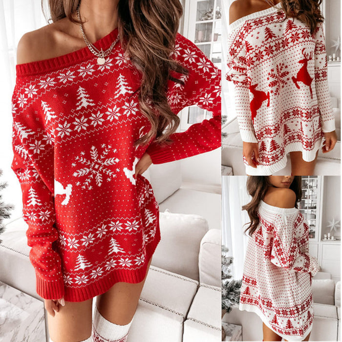 Ladies Christmas Jacquard Loose-fitting Knitted Long-sleeved Dress