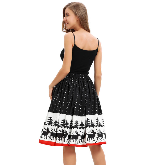 Christmas print knee-length skirt stretch high waist wild Christmas party sexy skirt