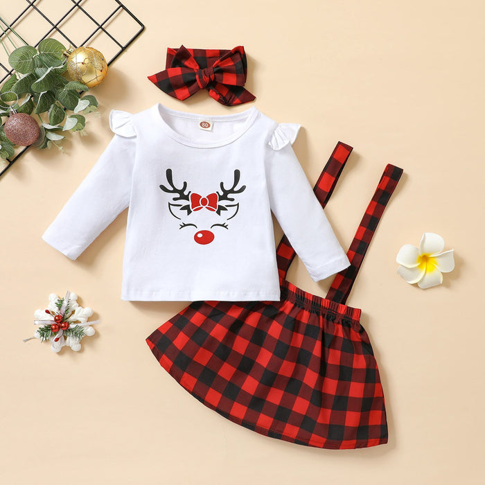 3Pcs Christmas Little Girls Outfit, Creative Elk Printing Long Sleeve Round Collar Tops + Dot/Plaid Suspender Skirt + Headwear