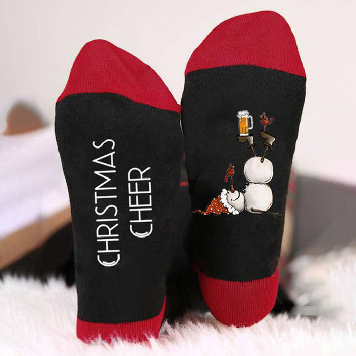 Christmas Sock Color Blocking Sub Letter Medium Tube Sock Trend Snowman Printed Sock