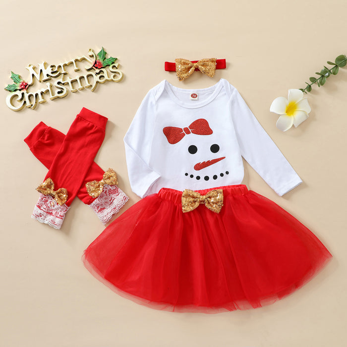 Baby Girls Christmas Clothing Sets Cartoon Deer Snowman Bodysuit +Tulle Skirts+Headband Autumn Girl Clothes