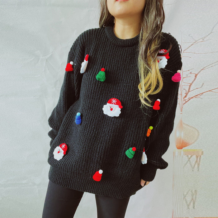 Women's Cute santa Claus Three-dimensional Decoration Round Neck Long Sleeve Sweater