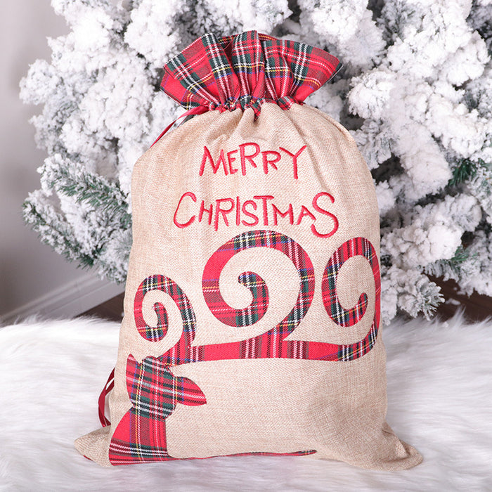 Santa Claus Little Deer Christmas Linen Gift Bag Drawstring Ribbon Candy Bag Christmas Decorative Apple Bag